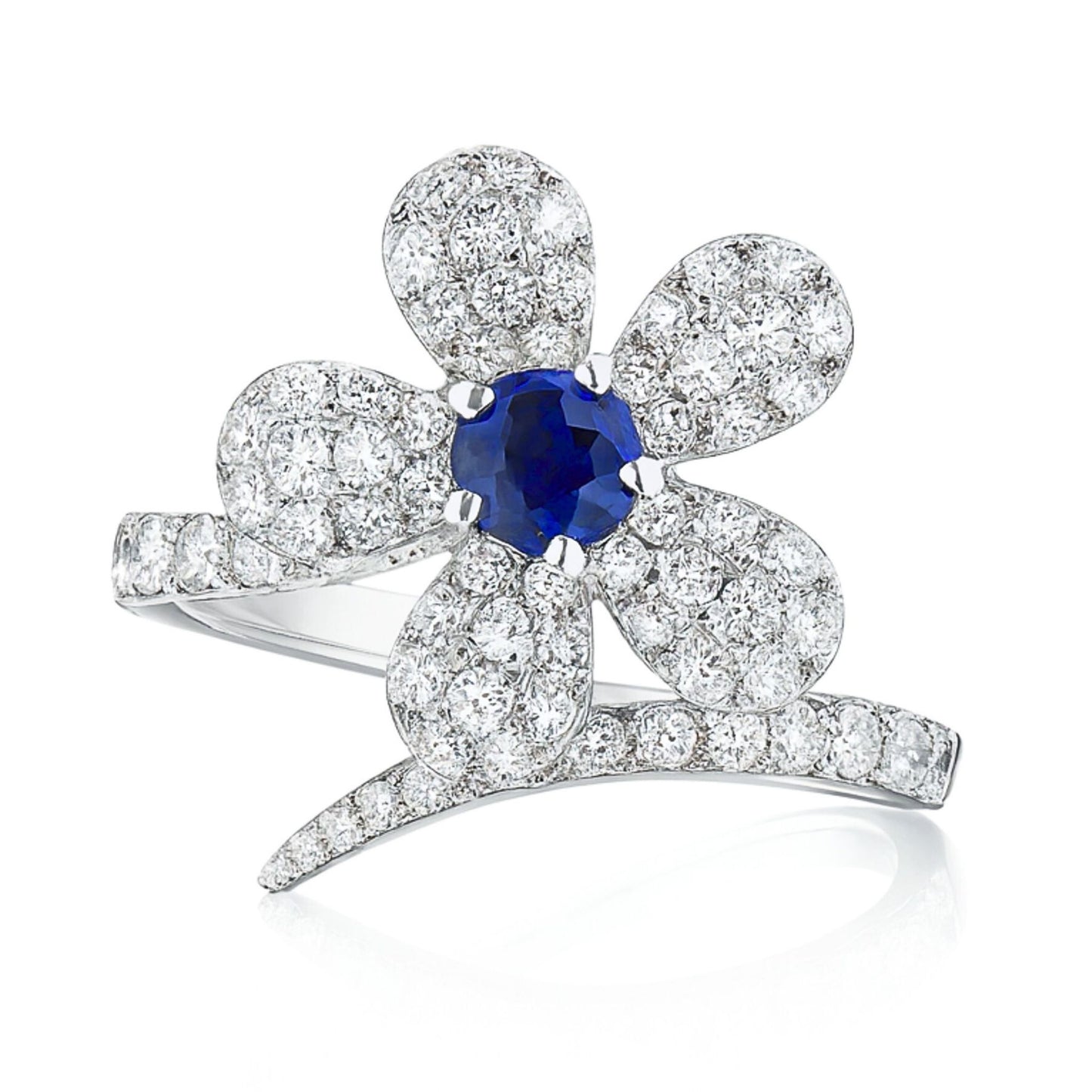 14K 0.25ct Round Blue Sapphire 0.82cttw White Diamonds Flower Ring