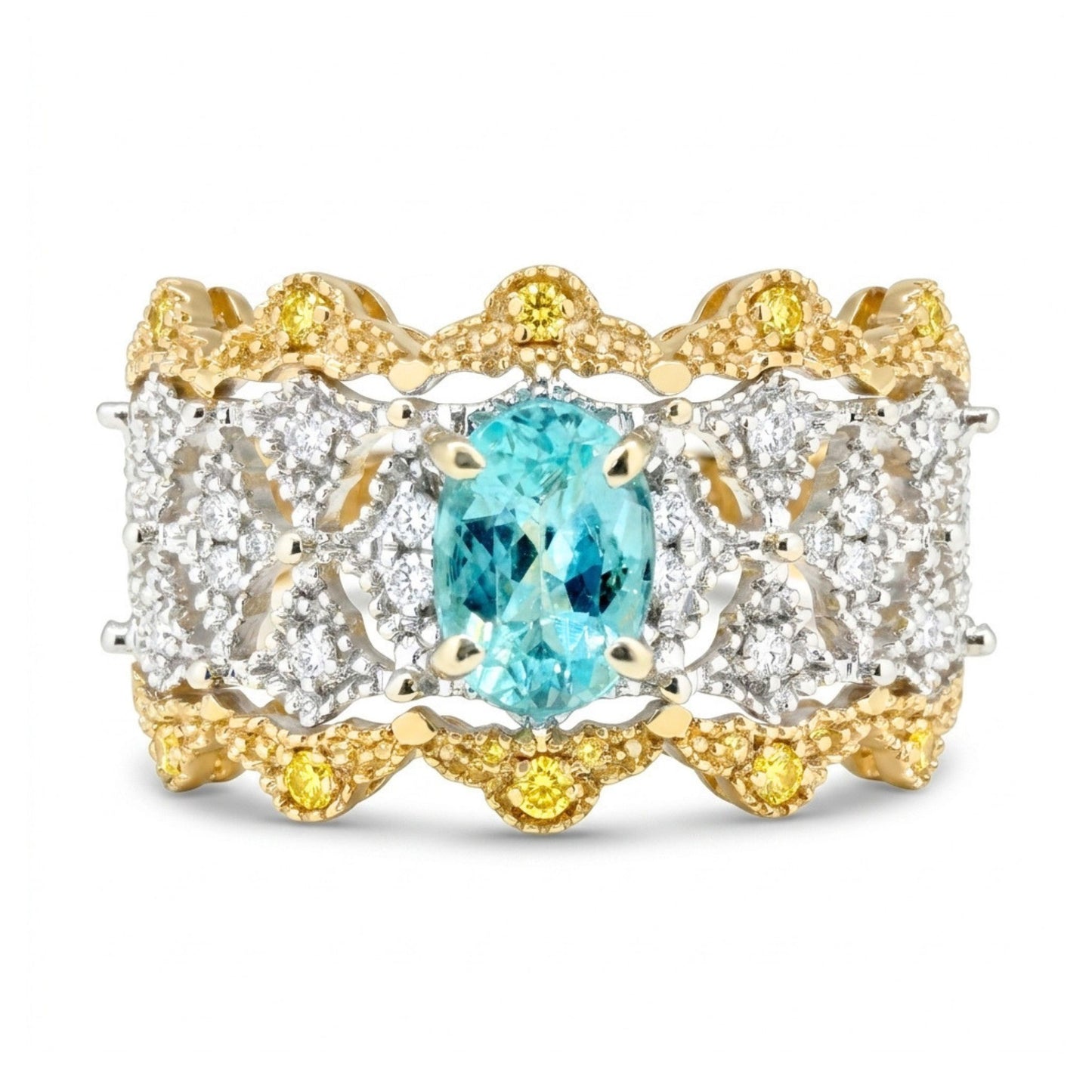 14K 0.50ct Oval Paraiba 0.09cttw VS Yellow Diamonds 0.20cttw VS White Diamonds Ring