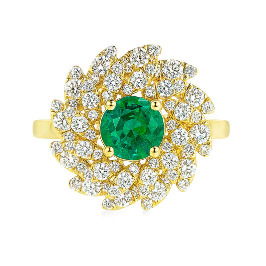 14K 0.65ct Round Colombian Emerald 0.80cttw VS White Diamonds Ring