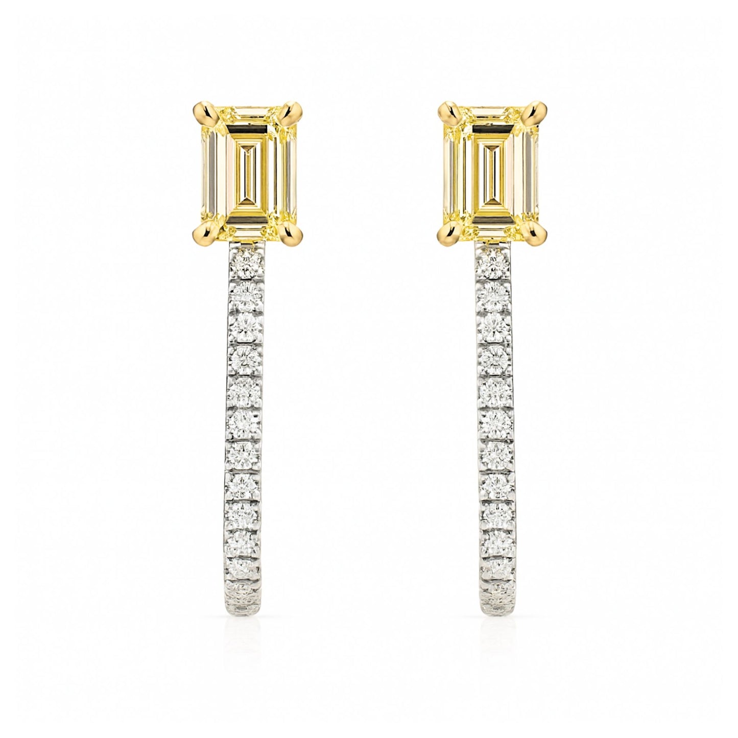 14K 1.03cttw Emerald Cut VS Yellow Diamond 0.15cttw White Diamonds Stud Earrings