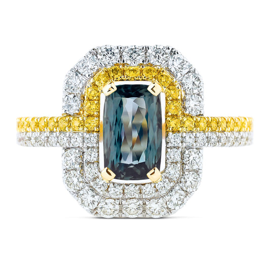 14K 1.05ct Cushion Alexandrite 1.02cttw VS Yellow & White Diamonds Ring GIA #1226180201