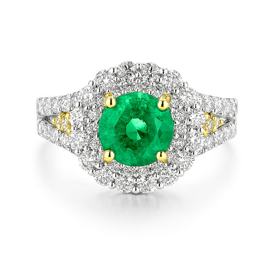 14K 1.14ct Round Colombian Emerald 0.09cttw VS Yellow Diamonds 1.10cttw VS White Diamonds Ring
