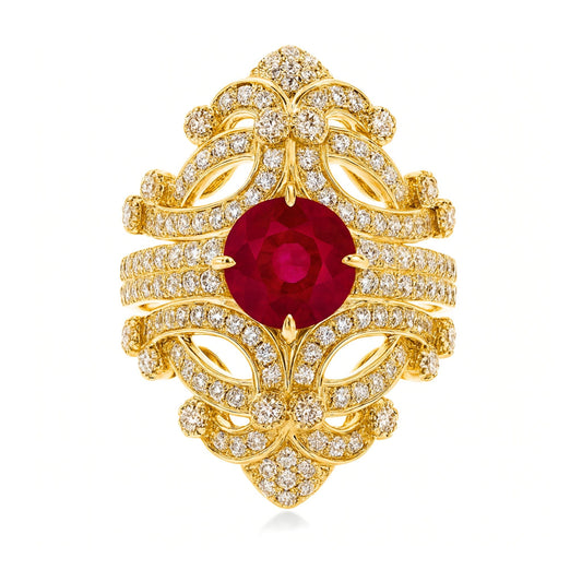 14K 1.28ct Round Burma Ruby 1.08cttw VS White Diamonds Ring