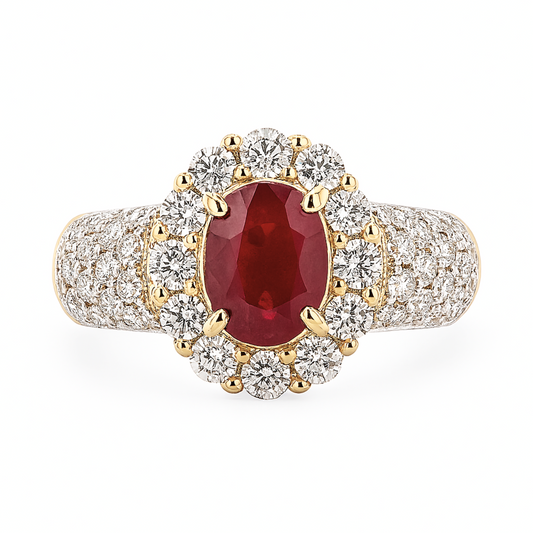 14K 1.30ct Oval Burma Ruby 1.01cttw VS White Diamonds Ring