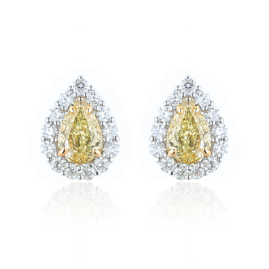 14K 1.43cttw Pear Shape Yellow Diamond 0.64cttw VS White Diamonds Stud Earrings