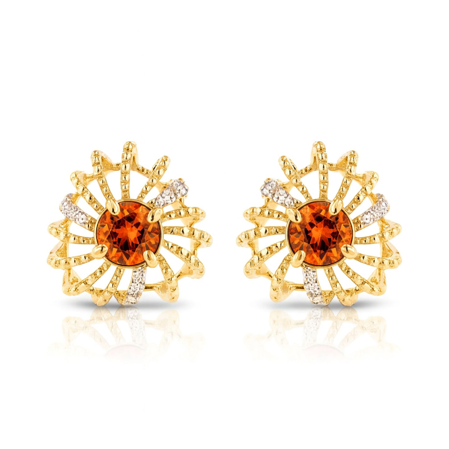 14K 1.50cttw Round Mandarin Garnet 0.34cttw VS White Diamonds Stud Earrings
