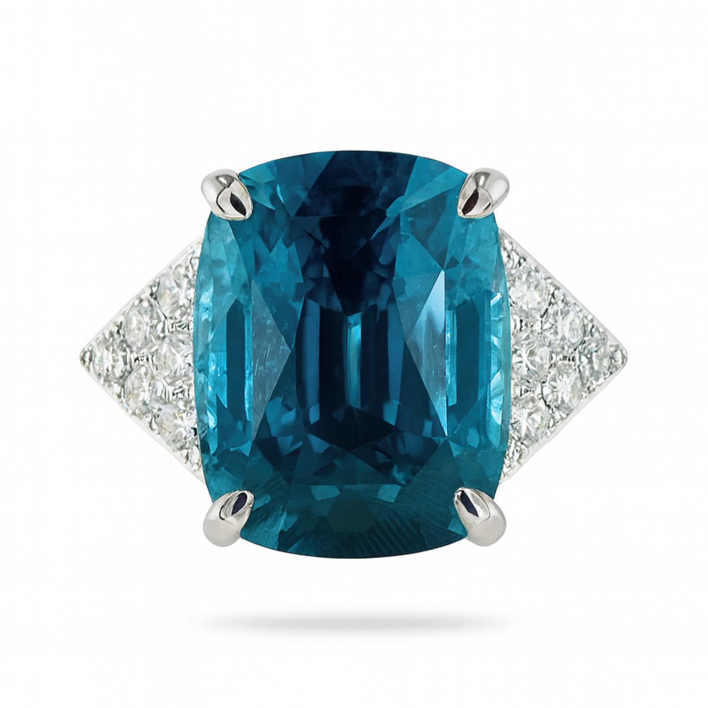 14K 15.33ct Cushion Private Collection Blue Zircon 0.39cttw VS White Diamonds Ring