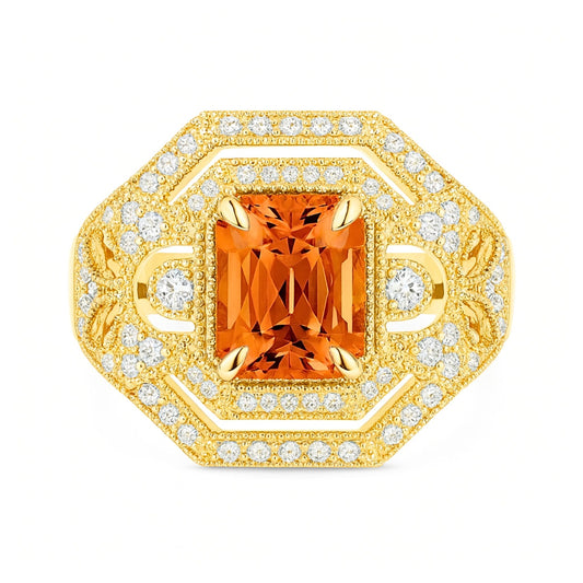 14K 2.00ct Cushion Mandarin Garnet 0.42cttw White Diamonds Ring