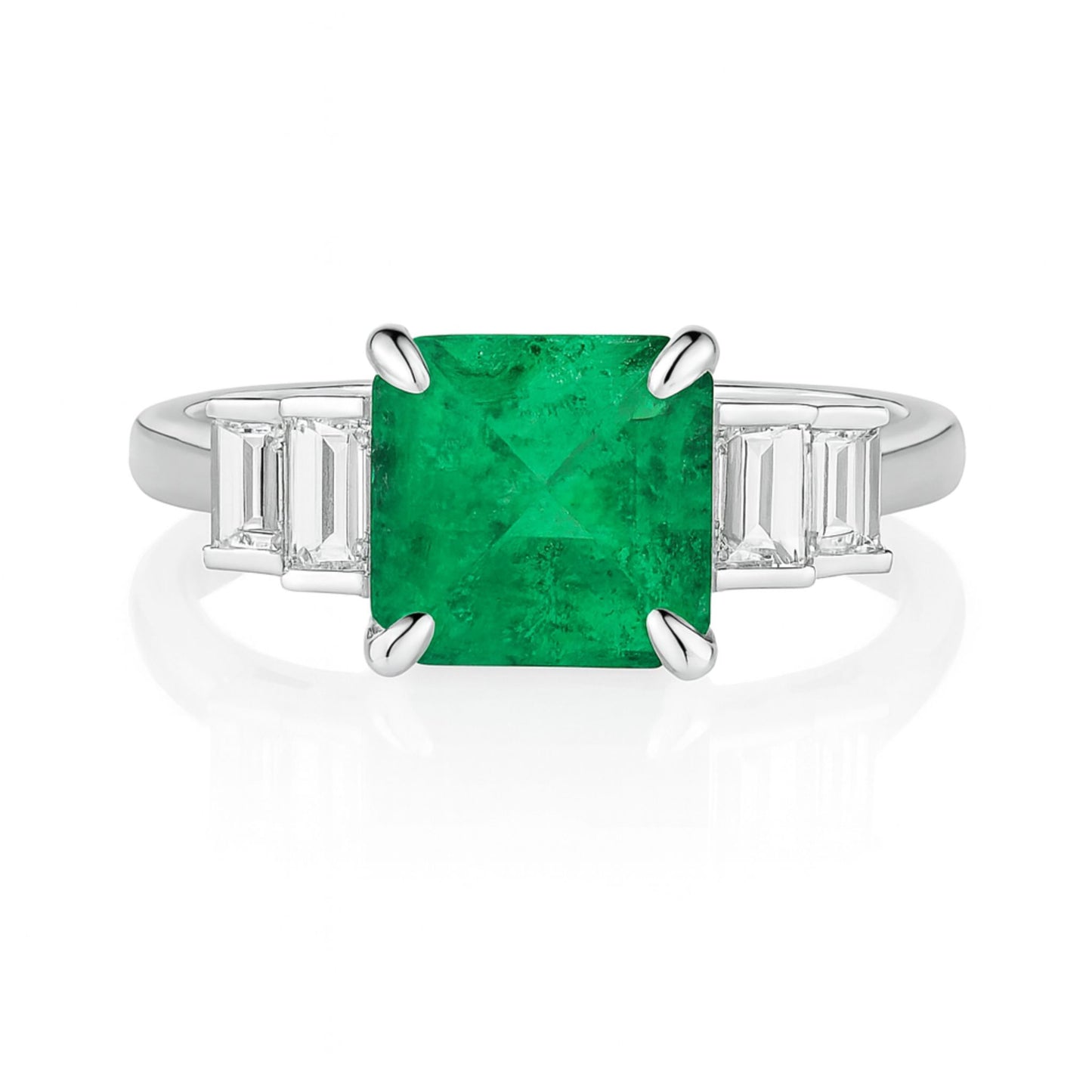 14K 2.00ct Asscher Cut Colombian Emerald 0.45cttw Baguette Cut White Diamonds Ring