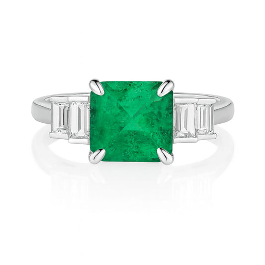 14K 2.00ct Asscher Cut Colombian Emerald 0.45cttw Baguette Cut White Diamonds Ring
