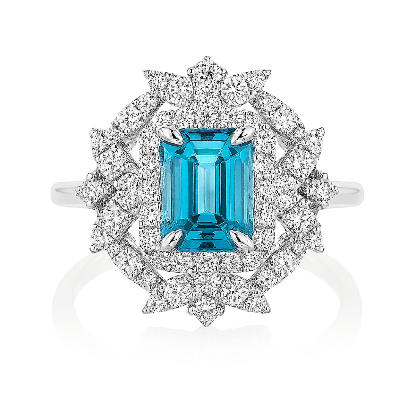 14K 2.13ct Emerald Cut Blue Zircon 0.76cttw VS White Diamonds Ring