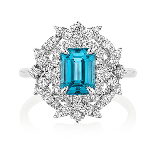 14K 2.13ct Emerald Cut Blue Zircon 0.76cttw VS White Diamonds Ring