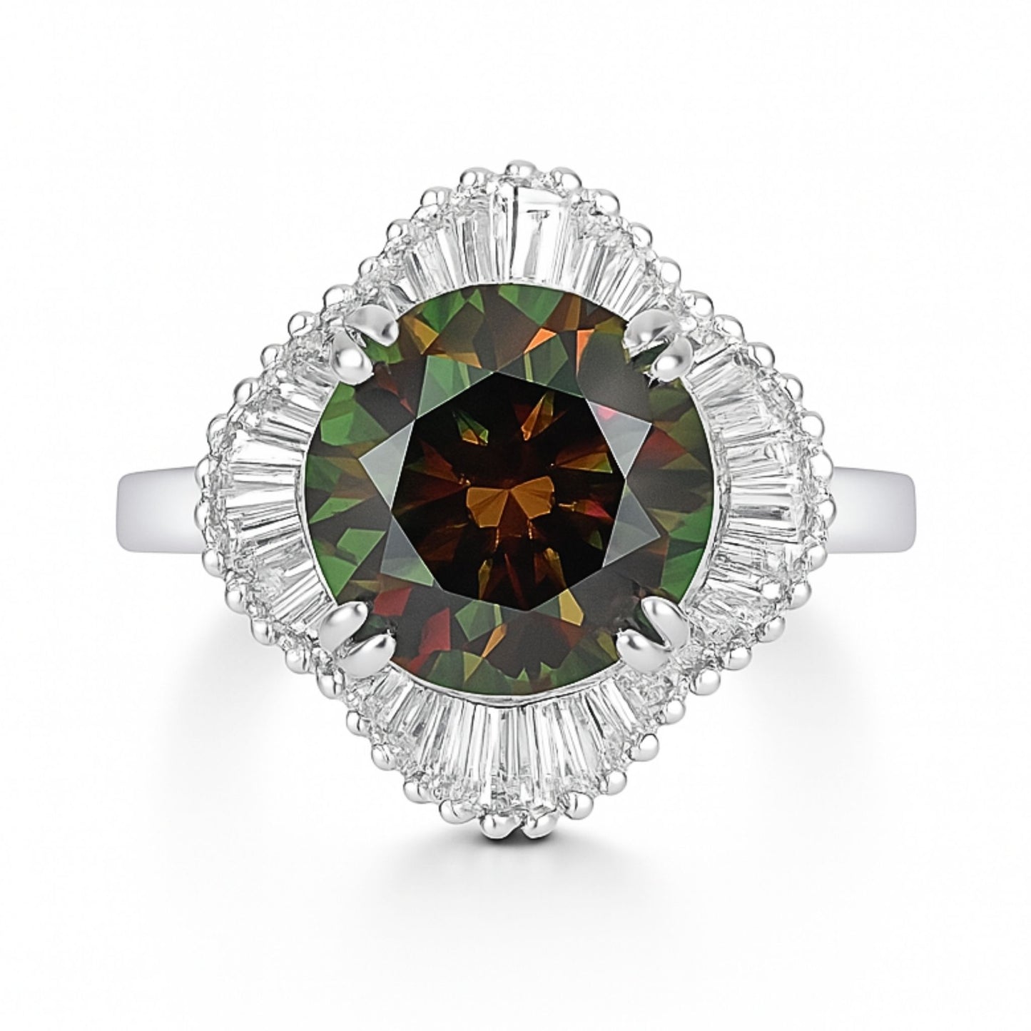 14K 3.65cttw Round Color Change Sphene 0.67cttw Tapered Baguette White Diamond Ring