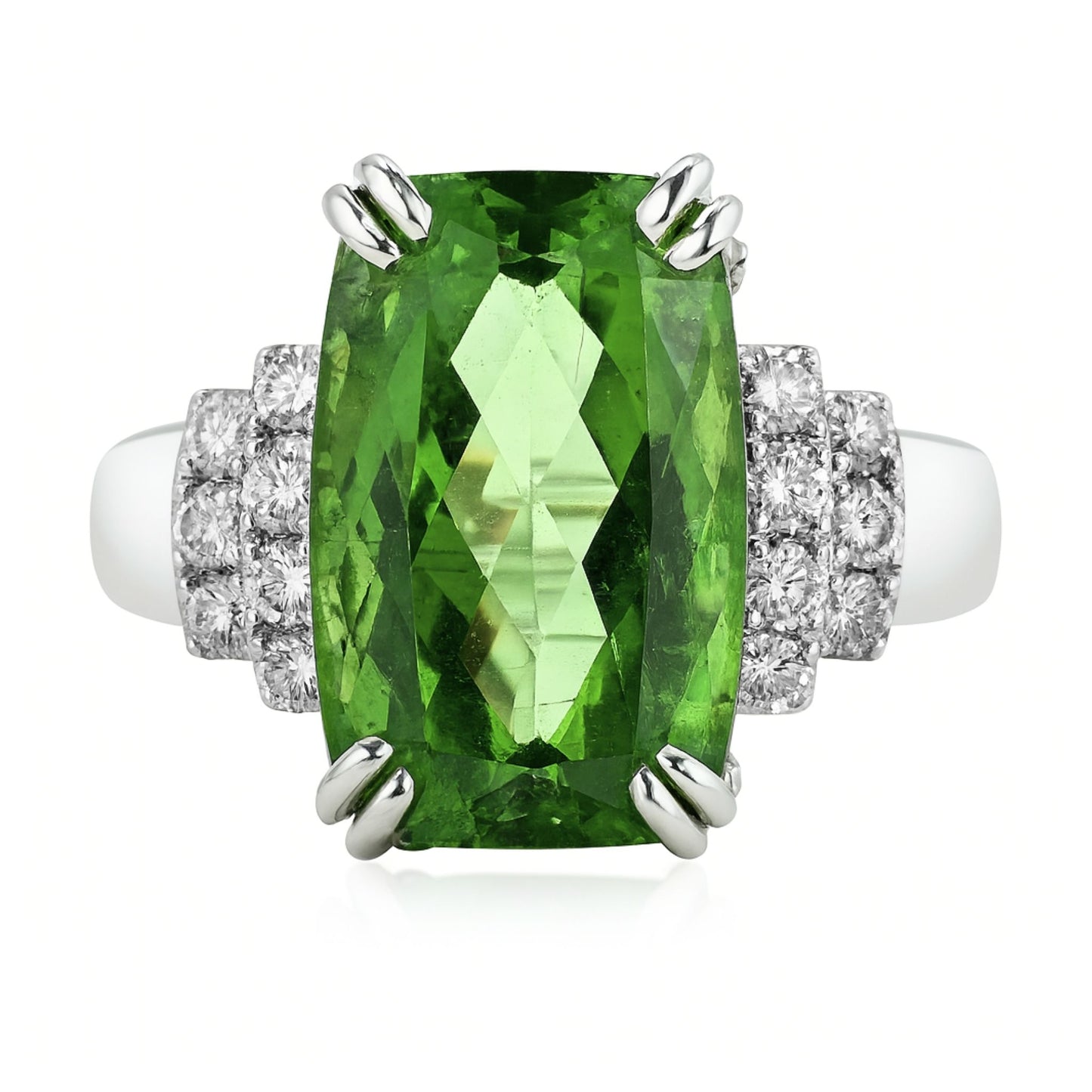 14K 6.32ct Cushion Green Paraiba 0.49cttw VS White Diamonds Ring