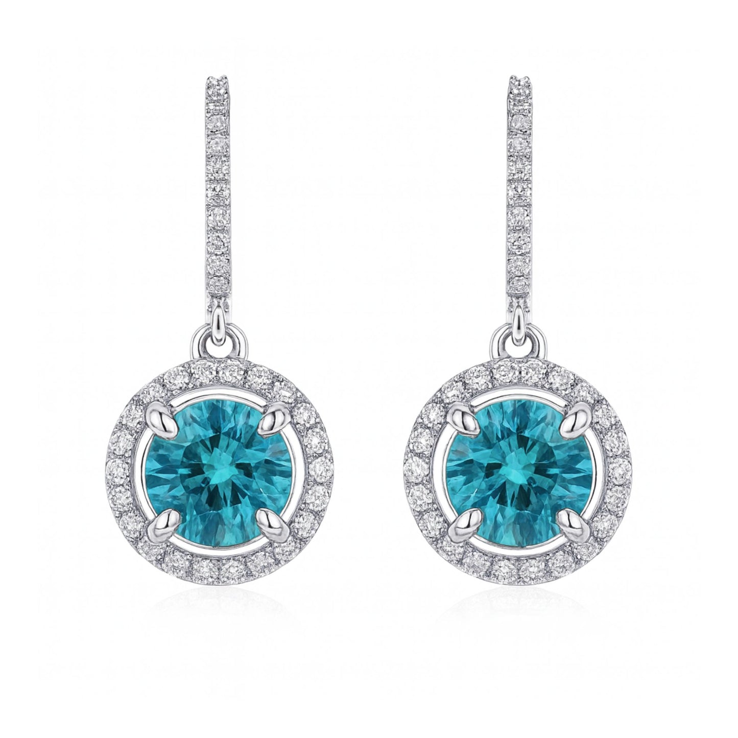 14K 6.60cttw Round Blue Zircon 0.72cttw VS White Diamonds Drop Earrings