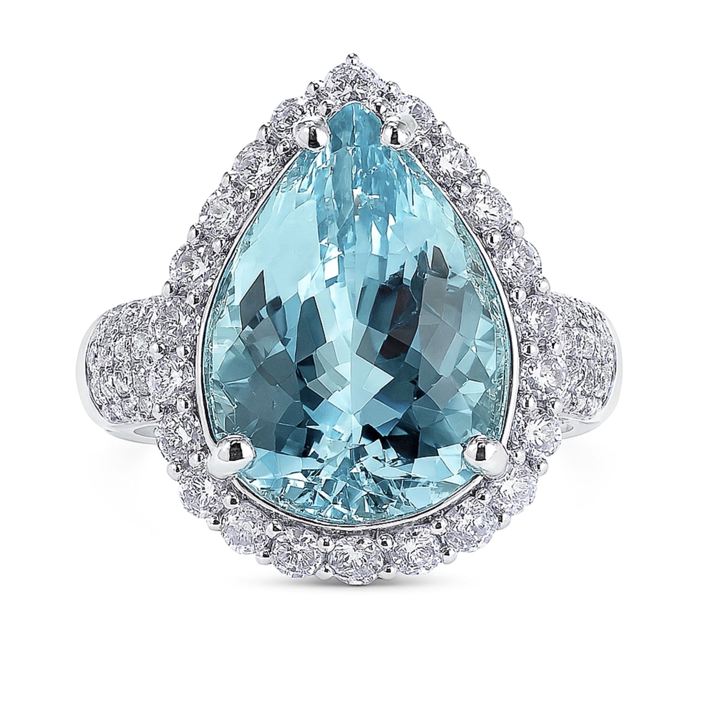 14K 7.25ct Pear Shape Santa Maria Aquamarine 1.11cttw VS White Diamonds Ring