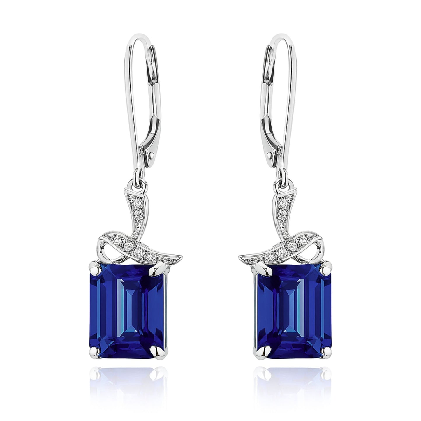 14K 8.41cttw Emerald Cut Blue Wing Tanzanite 0.07cttw VS White Diamonds Drop Earrings
