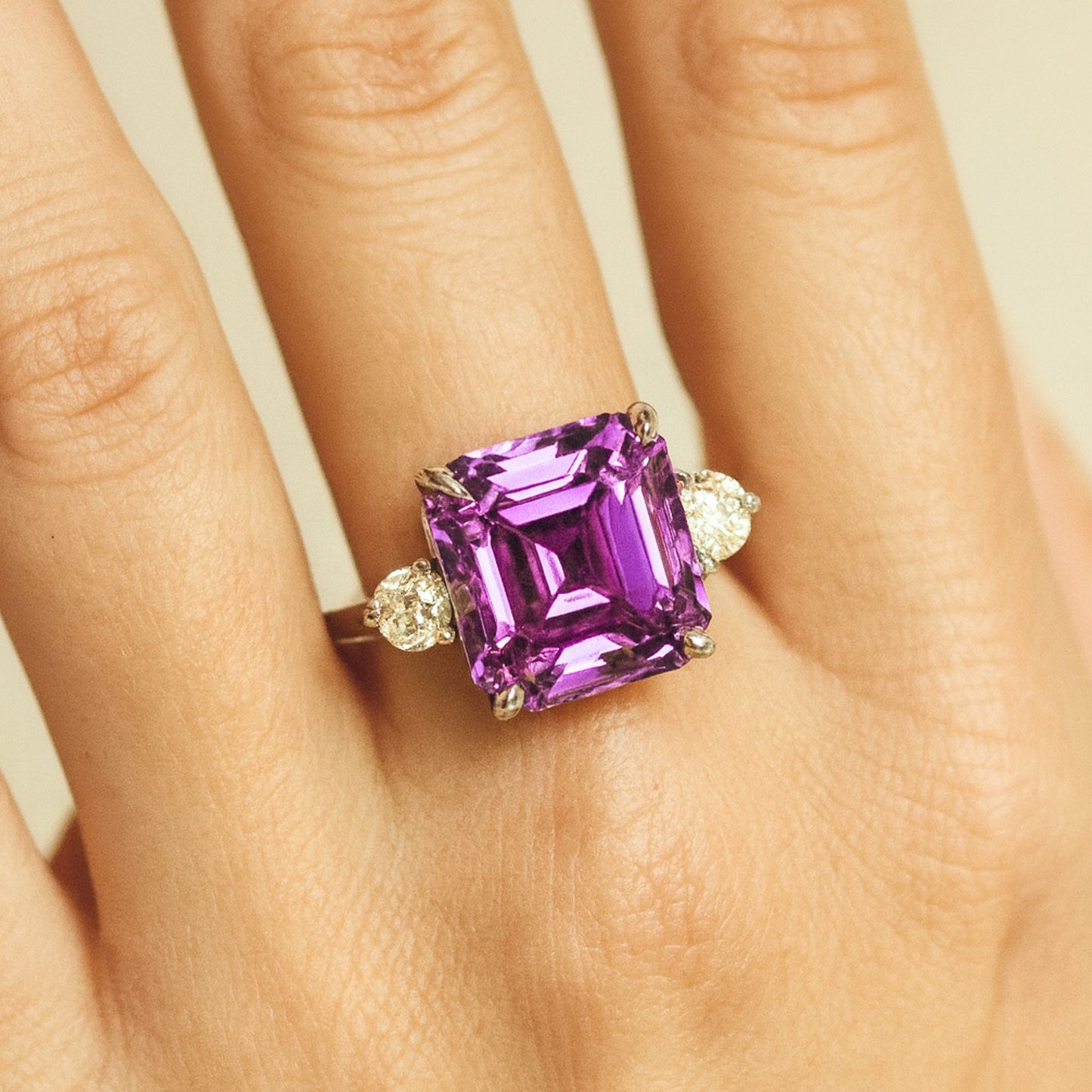 14K 14.20ct Asscher Cut Kunzite 0.65cttw VS White Diamonds Ring