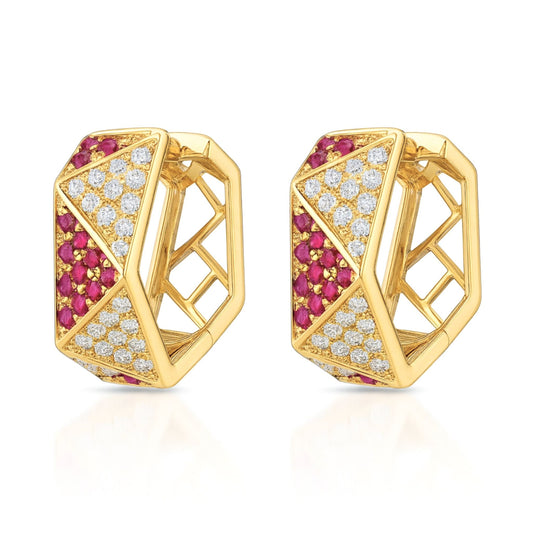 14K 1.26cttw Burma Ruby 0.80cttw VS White Diamonds Hoop Earrings