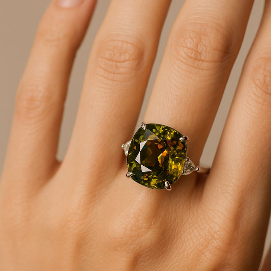 14K 19.31ct Cushion Color Change Sphene 0.30cttw Fancy Cut VS White Diamond Ring