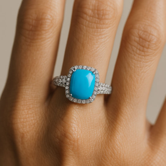 14K 2.91ct Cushion Sleeping Beauty Turquoise 0.48cttw White Diamonds Ring