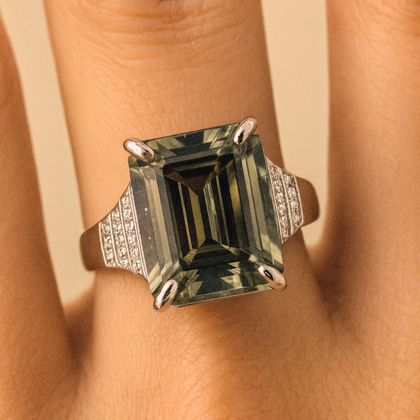 14K 10.12ct Emerald Cut Color Change Diaspore 0.22cttw VS White Diamonds Ring