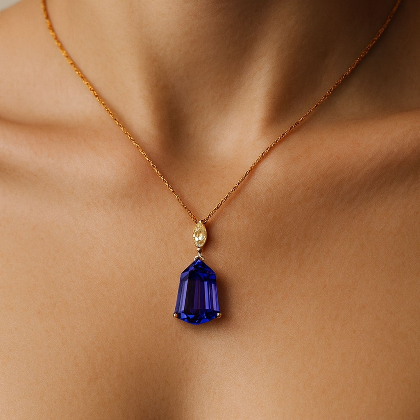 14K 6.77ct Fancy Cut Blue Wing Tanzanite 0.30ct Marquise VS Yellow Diamond Pendant