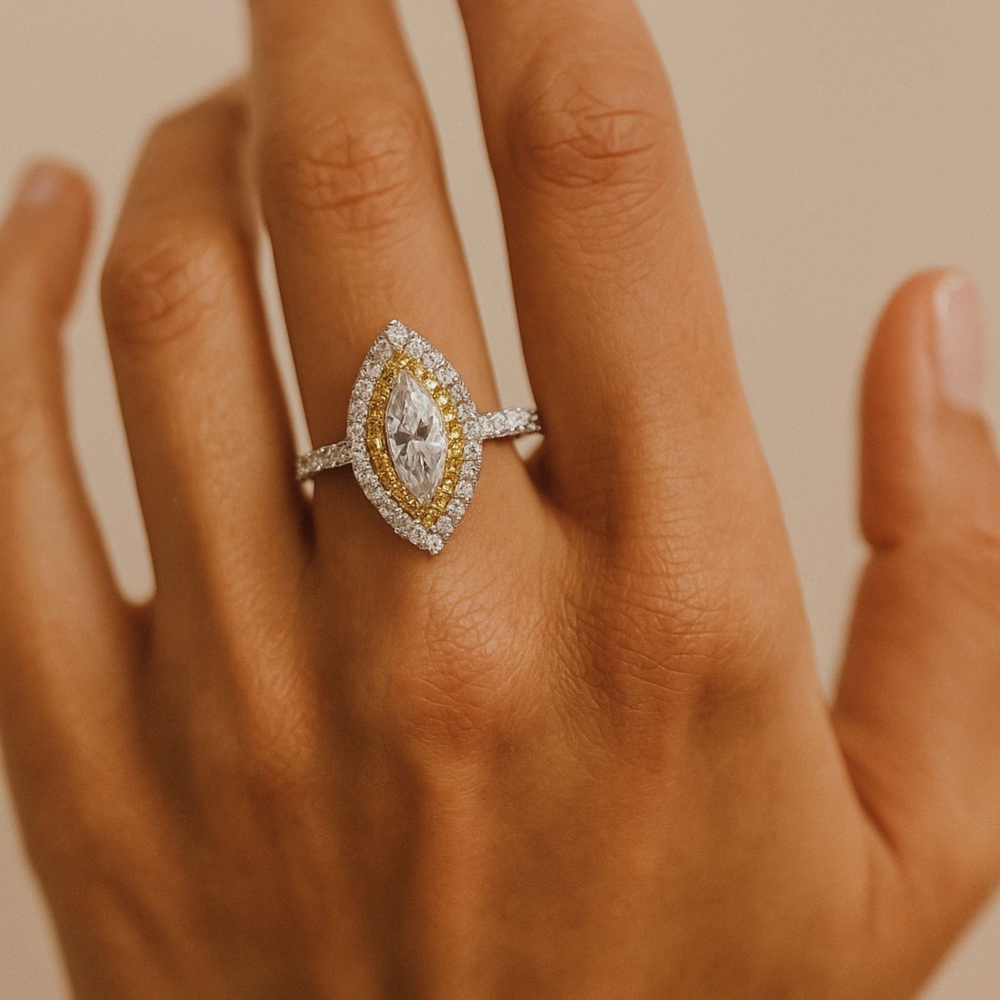 14K 1.00ct Marquise VS Yellow Diamond 1.03cttw Yellow & White Diamonds Ring