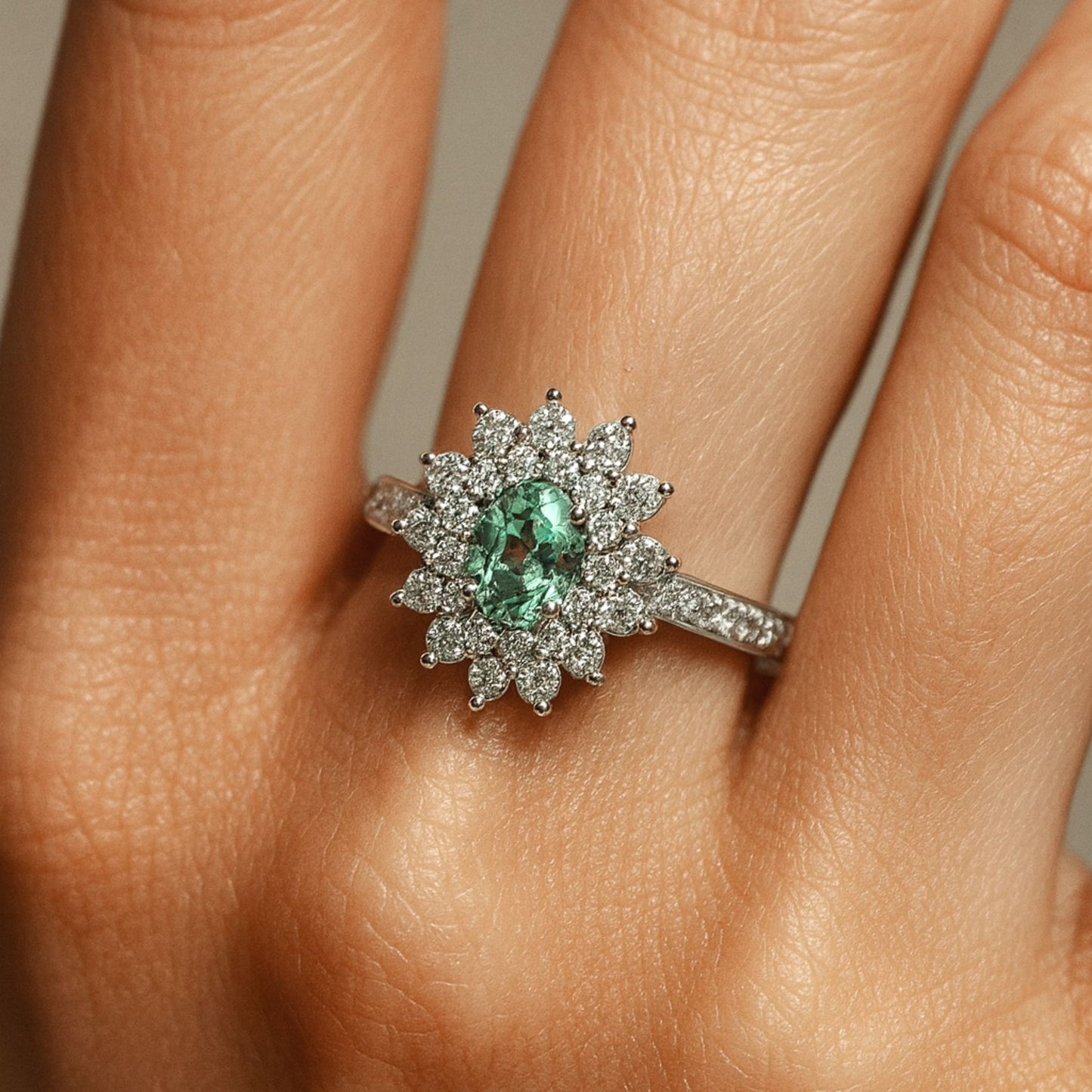 14K 0.40ct Oval Green Kornerupine 0.63cttw VS White Diamonds Ring