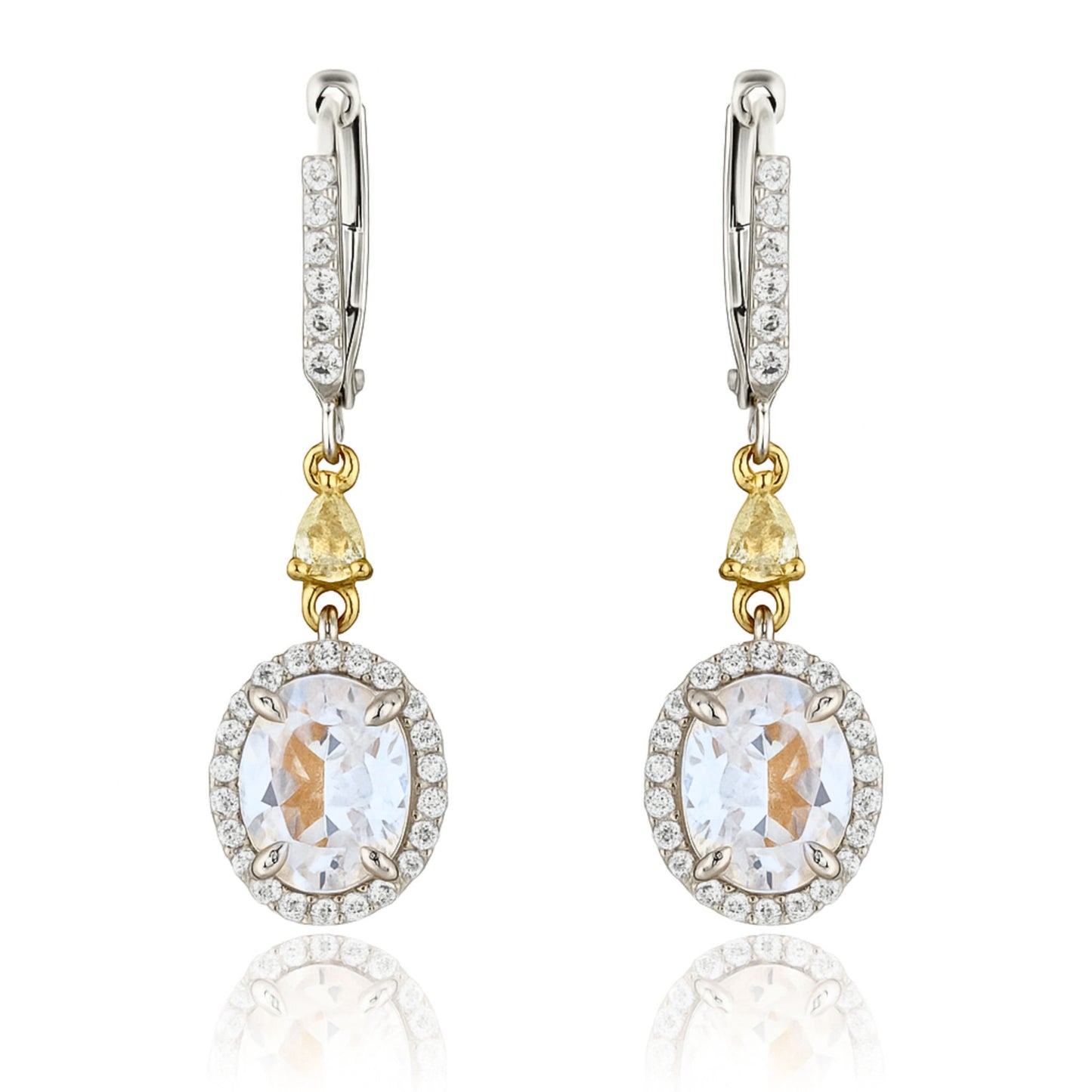 14K 3.35ct Oval Moonstone 0.76cttw VS Yellow & White Diamonds Drop Earrings