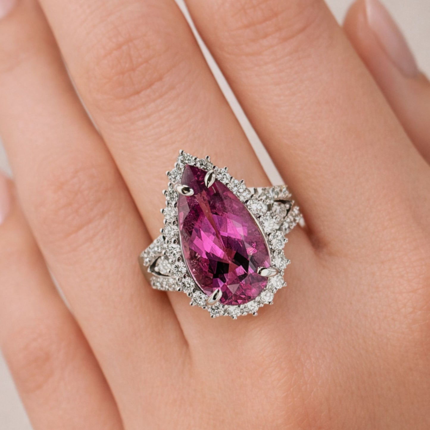 14K 6.80ct Pear Shape Copper Bearing Tourmaline 1.29cttw VS White Diamonds Ring