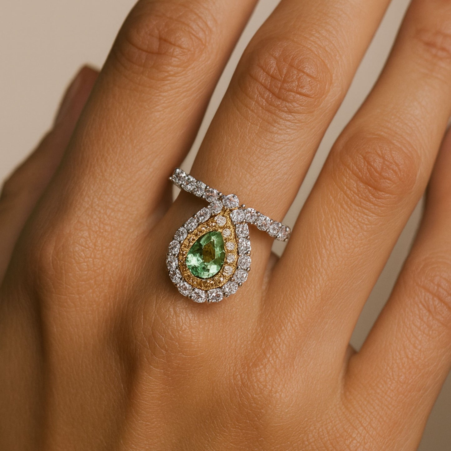 14K 0.90ct Pear Shape Green Kornerupine 1.69cttw VS Yellow & White Diamonds Ring