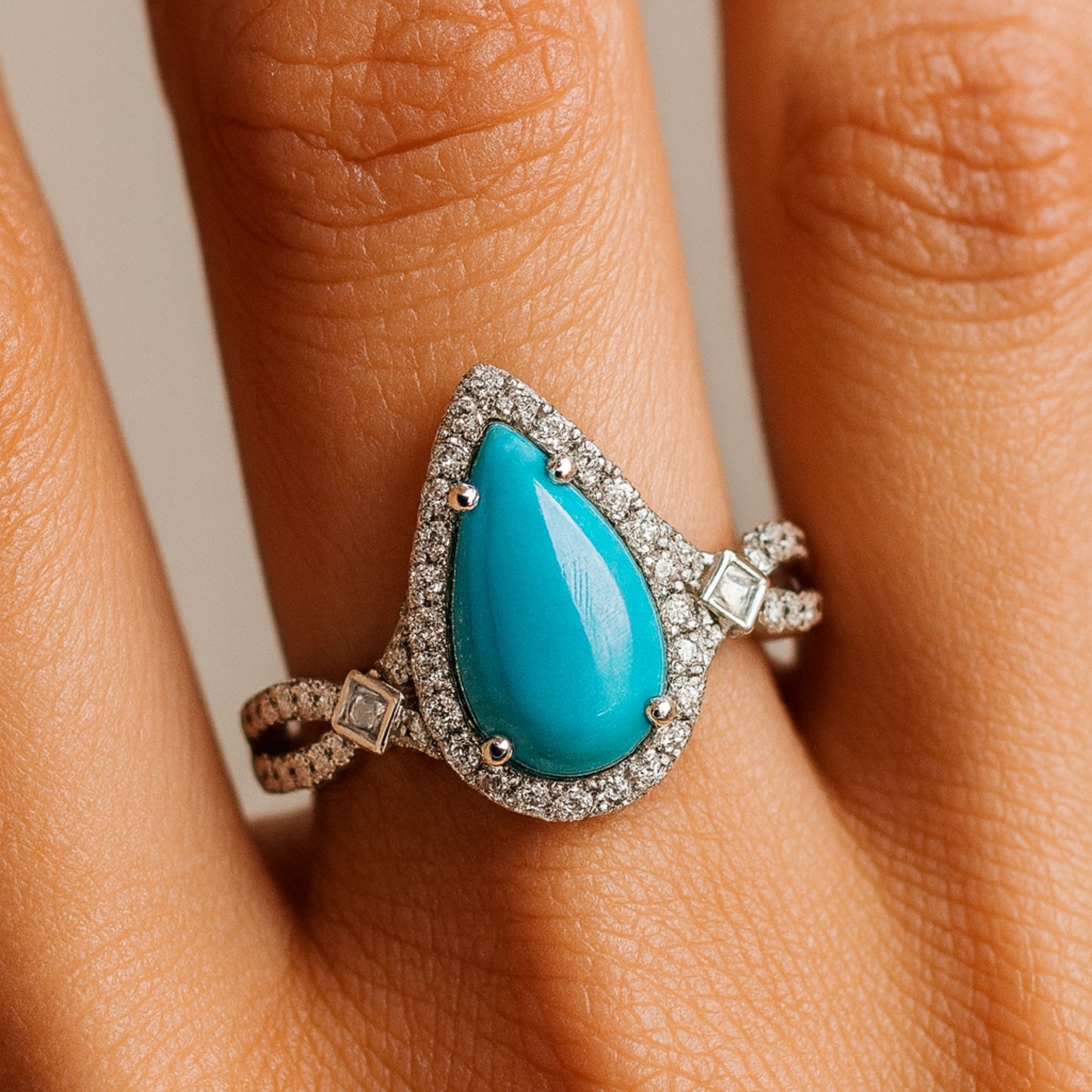 14K 2.16ct Pear Shape Sleeping Beauty Turquoise 0.44cttw White Diamonds Ring