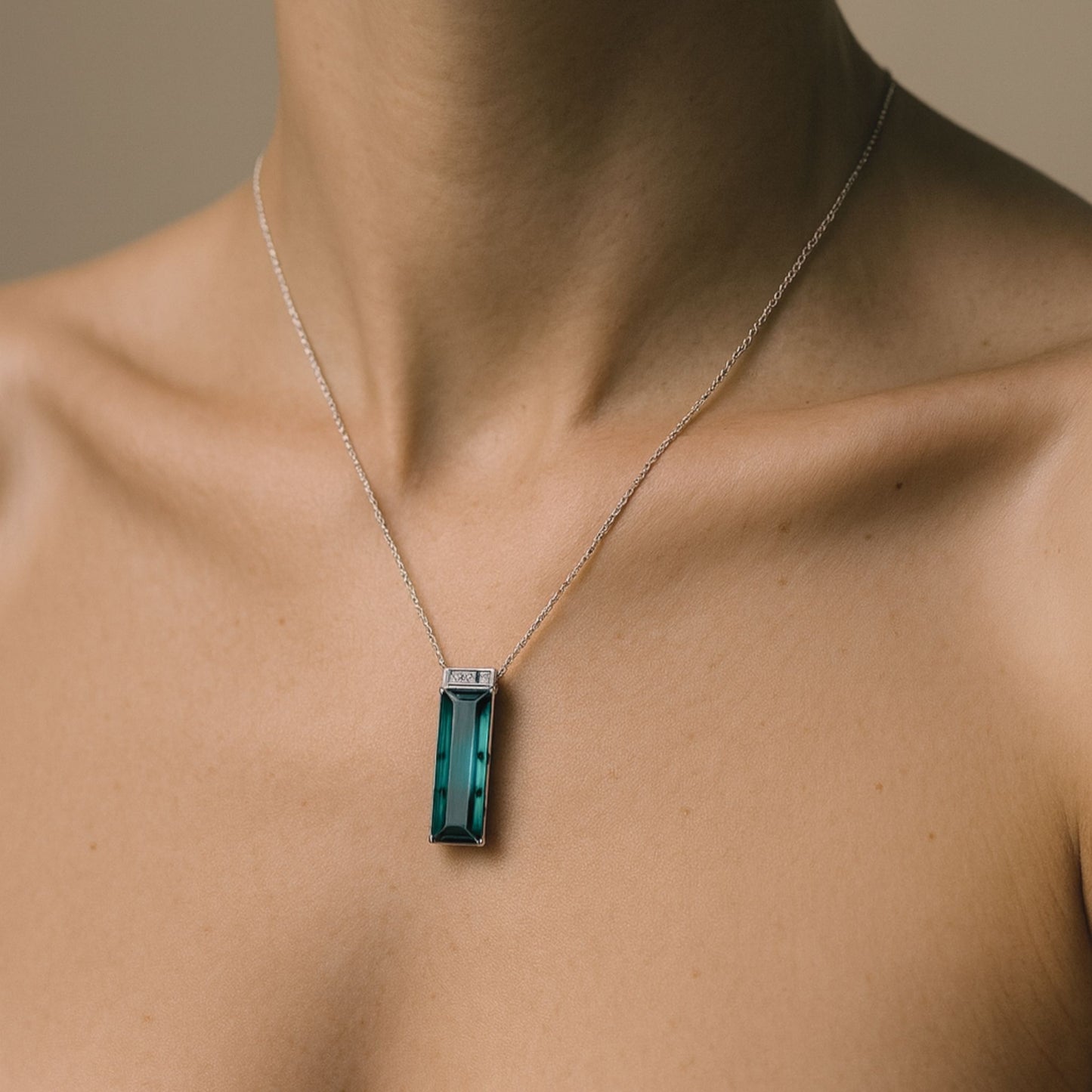 14K 8.28ct Radiant Cut Indicolite 0.20cttw VS White Diamonds Pendant