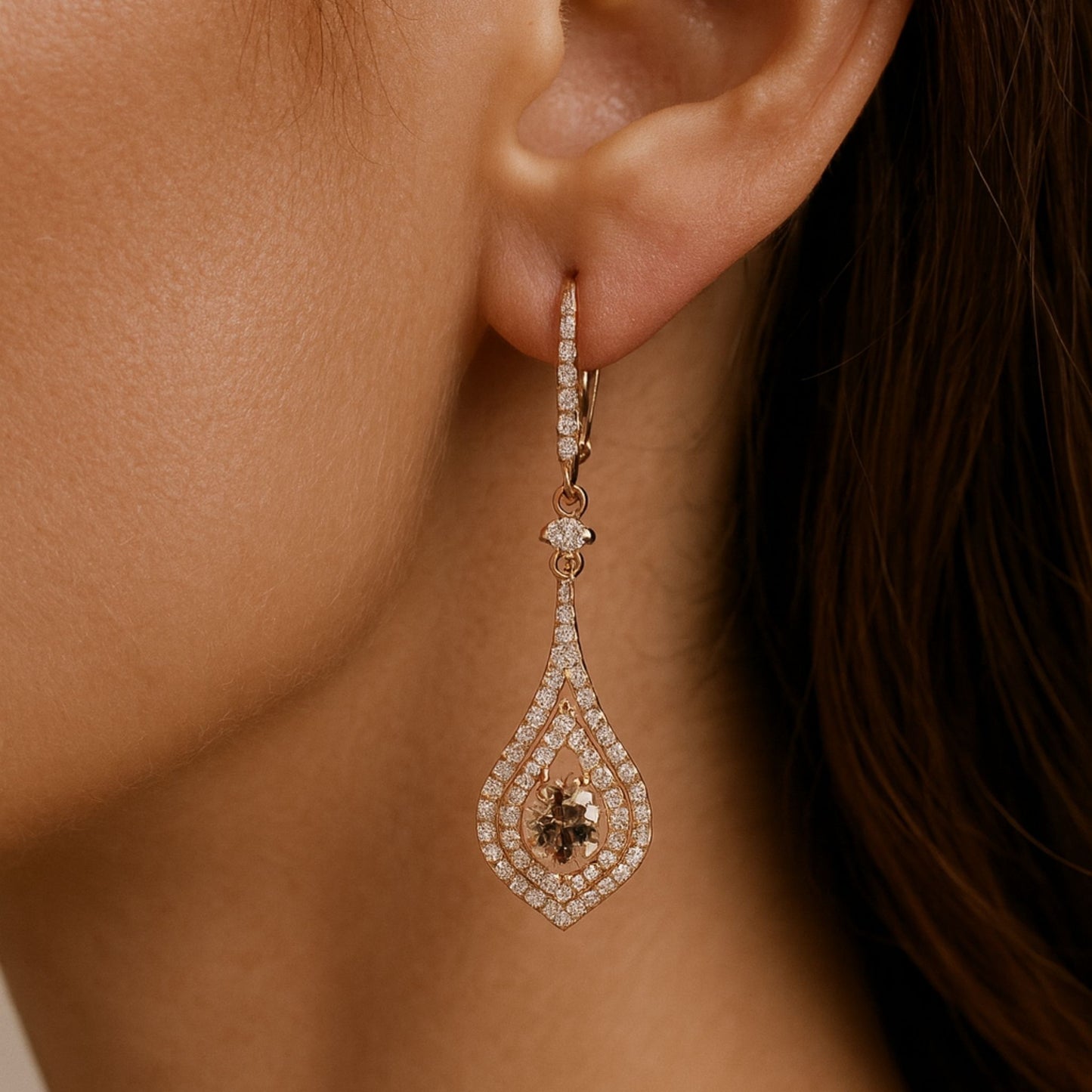 14K 1.11cttw Round VS Fawn Diamond 0.83cttw VS White Diamonds Drop Earrings