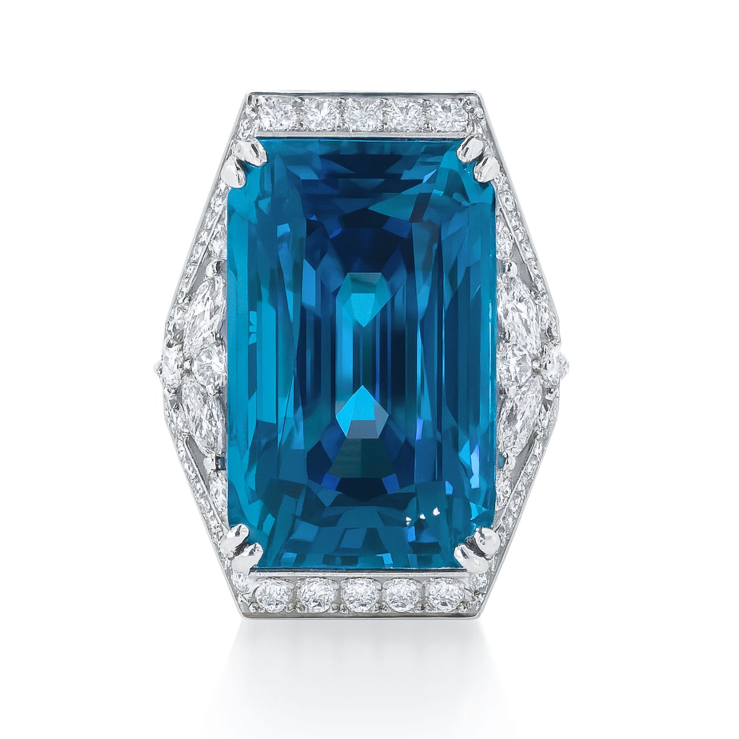 Platinum 51.84ct Radiant Cut Blue Zircon 2.65cttw White Diamonds Ring