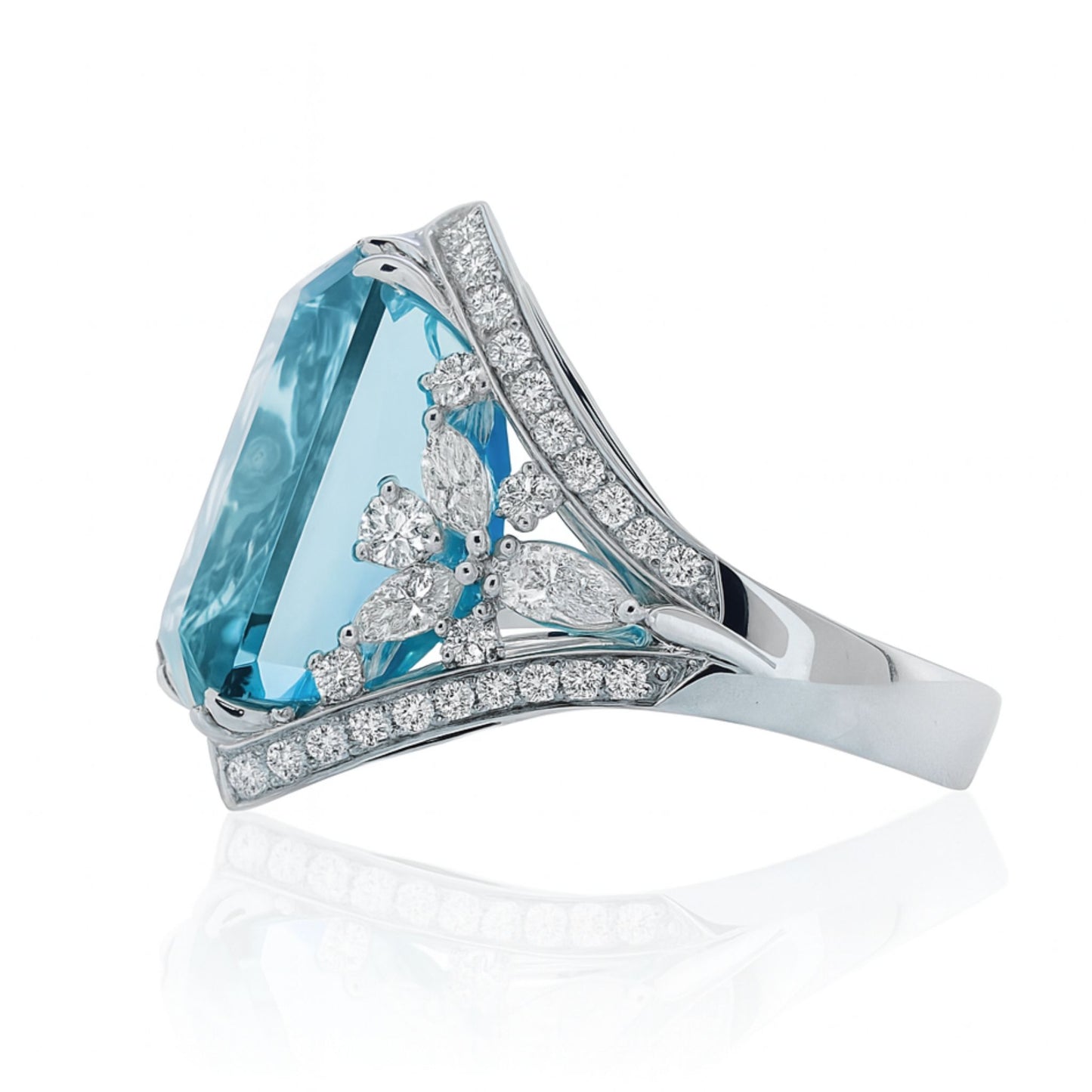 Platinum 51.84ct Radiant Cut Blue Zircon 2.65cttw White Diamonds Ring