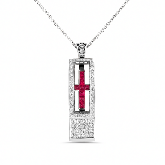 18K 0.25cttw Princess Cut Ruby 1.00cttw White Diamonds Pendant