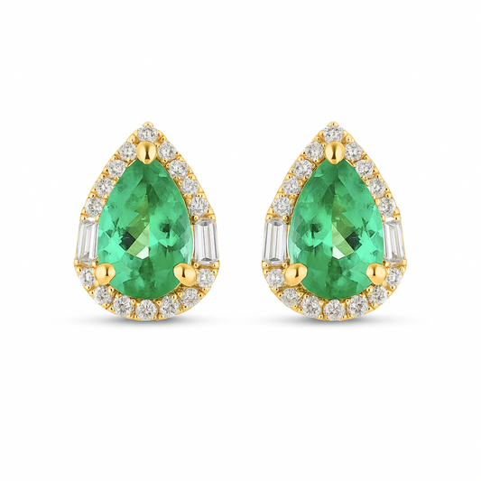 18K 1.49cttw Pear Shape Colombian Emerald 0.33cttw VS White Diamonds Stud Earrings