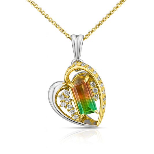 18K 1.83ct Emerald Cut Bi-Color Tourmaline 0.29cttw White Diamonds Pendant