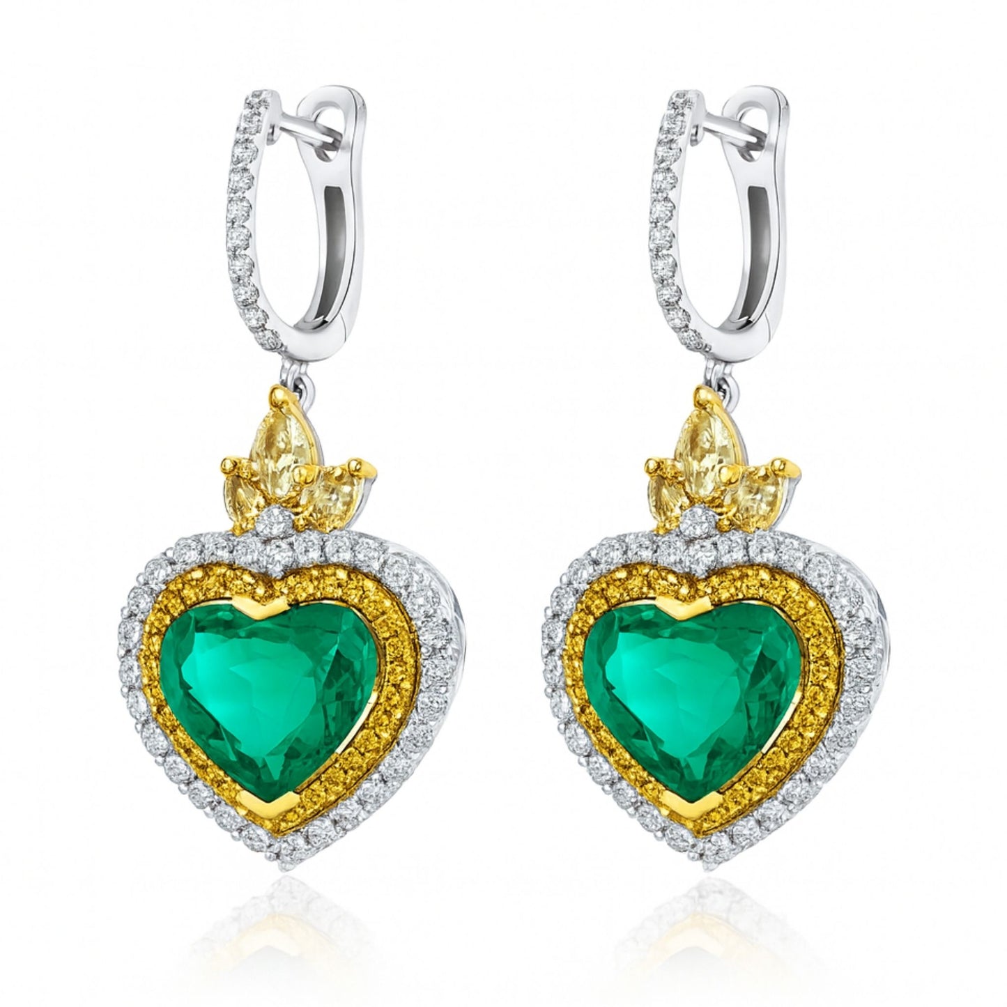 18K 18.18cttw Heart Shape Colombian Emerald 4.17cttw VS Yellow & White Diamond Drop Earrings