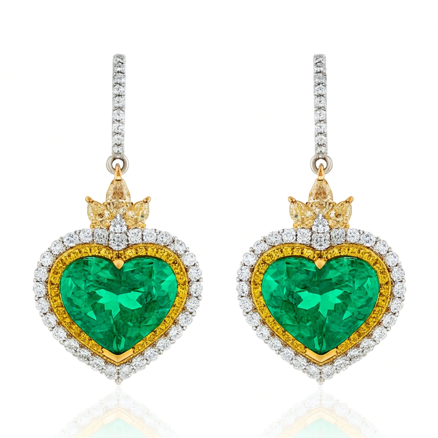 18K 18.18cttw Heart Shape Colombian Emerald 4.17cttw VS Yellow & White Diamond Drop Earrings