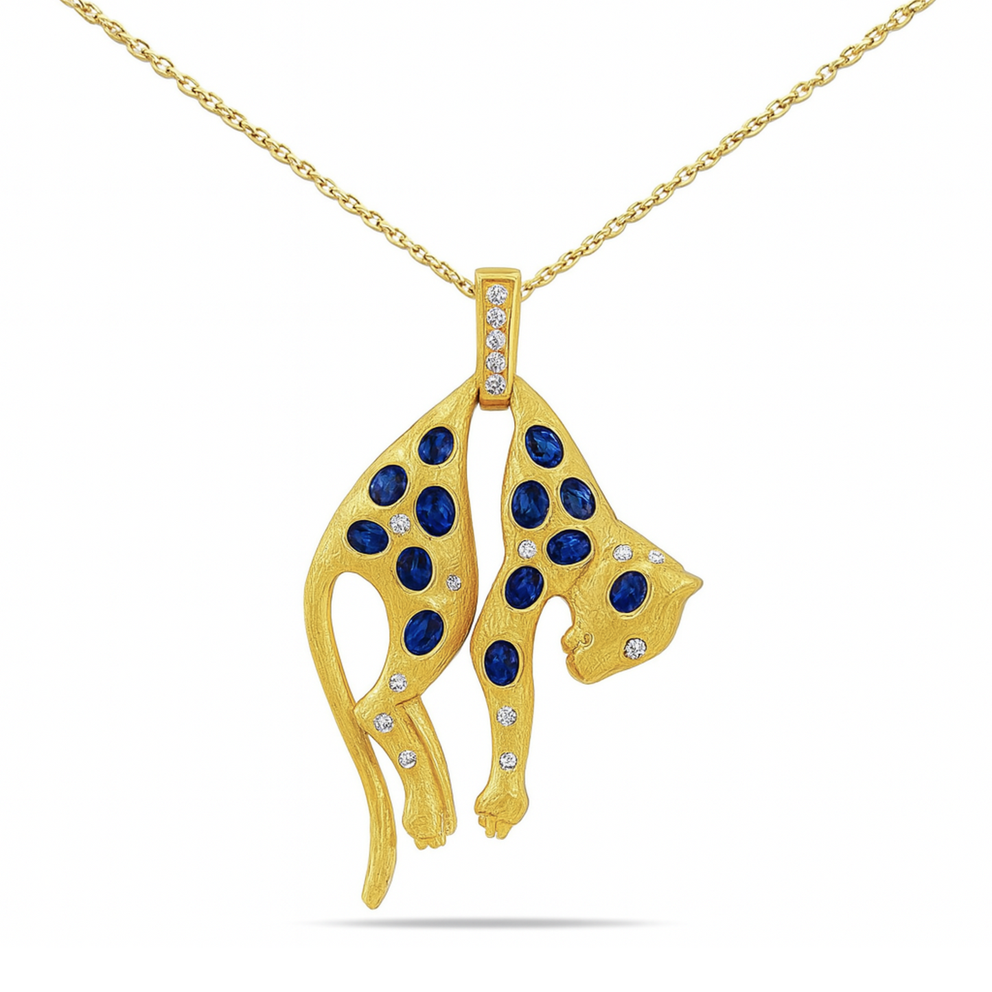 18K 2.87cttw Oval Blue Sapphire 0.29cttw White Diamonds Designer Panther Pendant