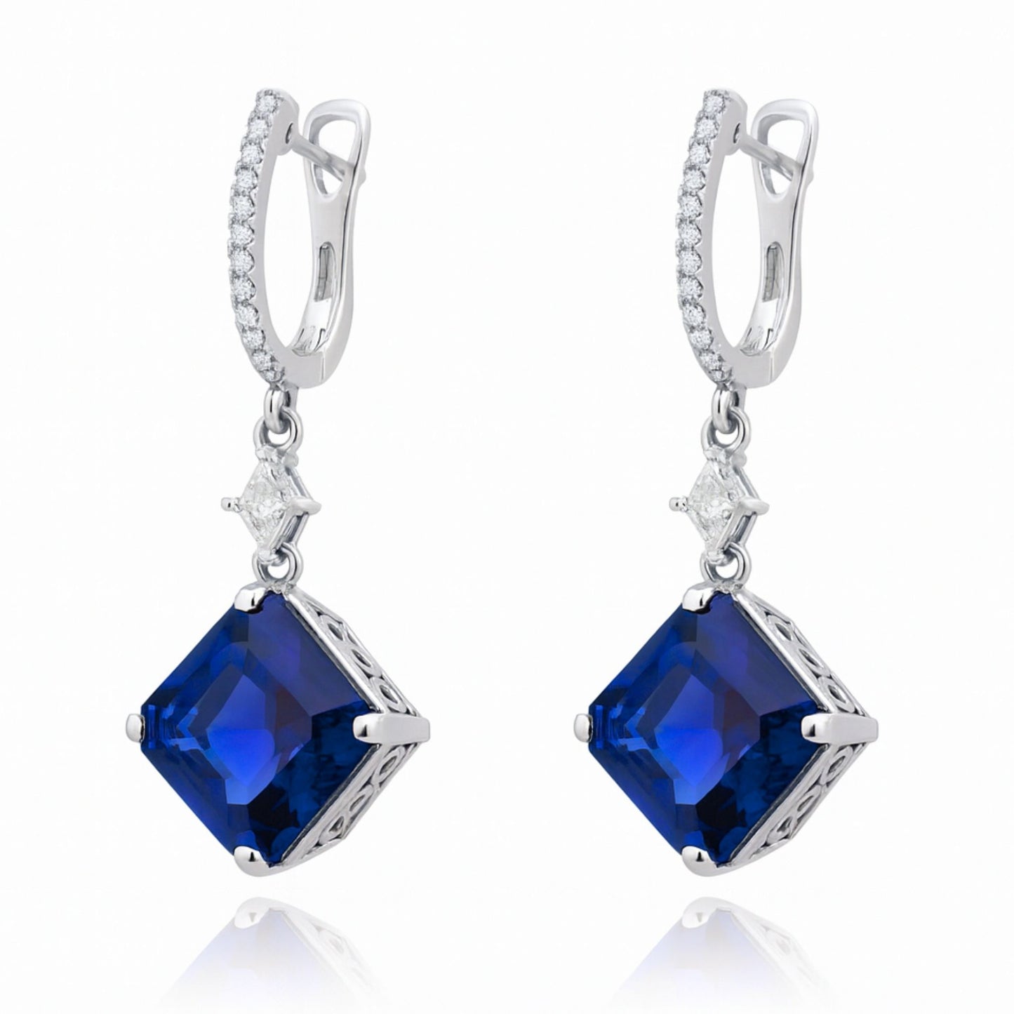 18K 21.28cttw Asscher Cut Blue Wing Tanzanite 0.64cttw VS White Diamond Drop Earrings