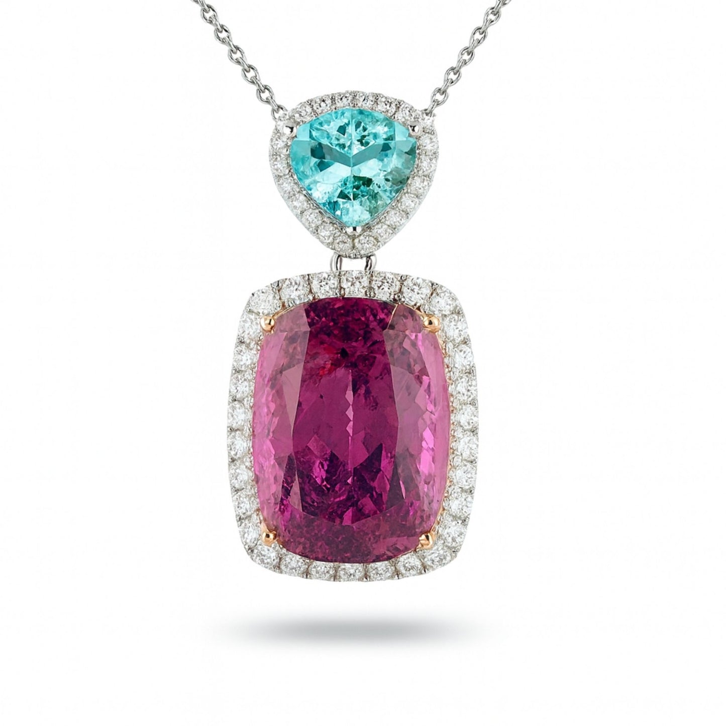 18K 21.80ct Cushion Copper Bearing Tourmaline 2.07ct Pear Shape Paraiba 1.03cttw VS White Diamonds Pendant