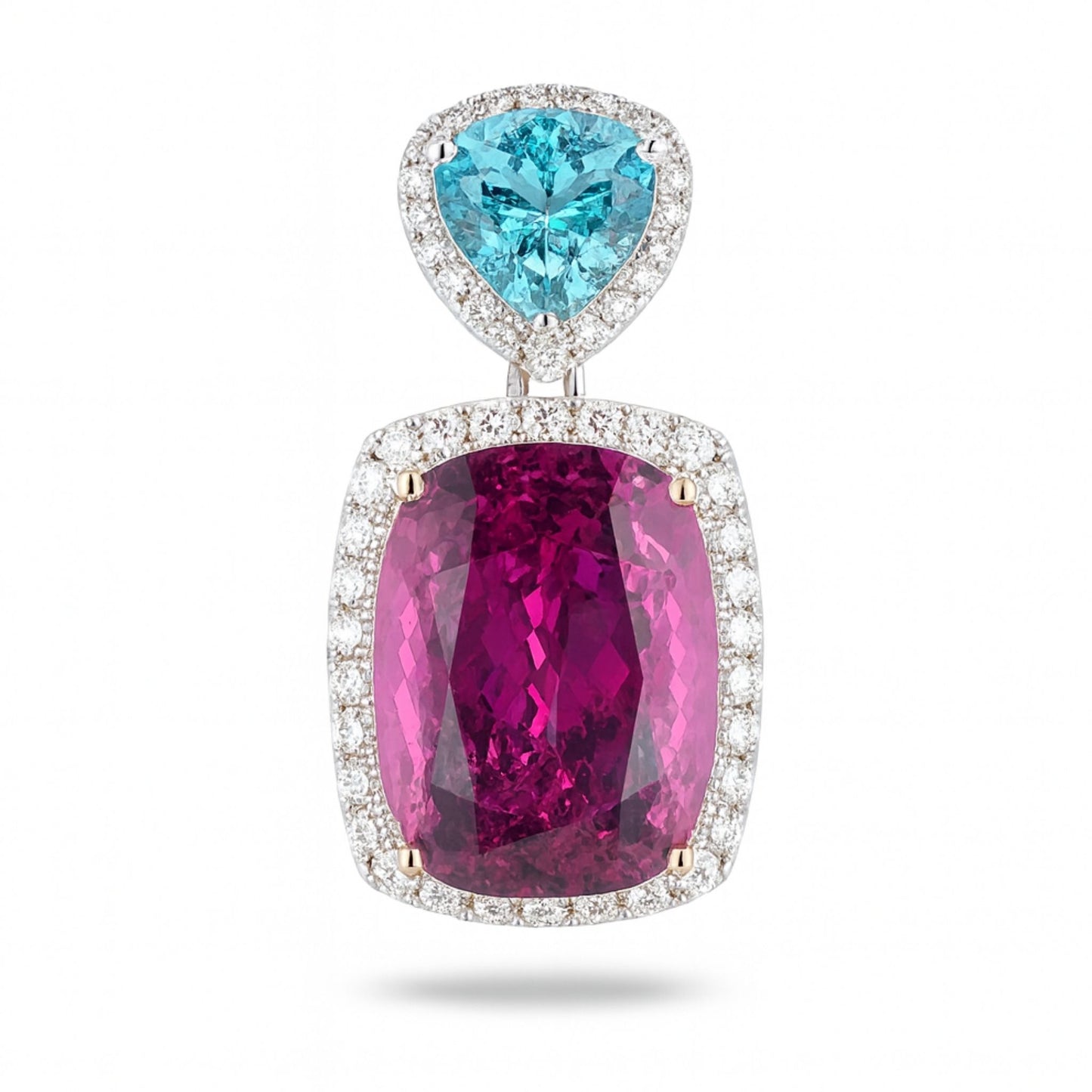 18K 21.80ct Cushion Copper Bearing Tourmaline 2.07ct Pear Shape Paraiba 1.03cttw VS White Diamonds Pendant