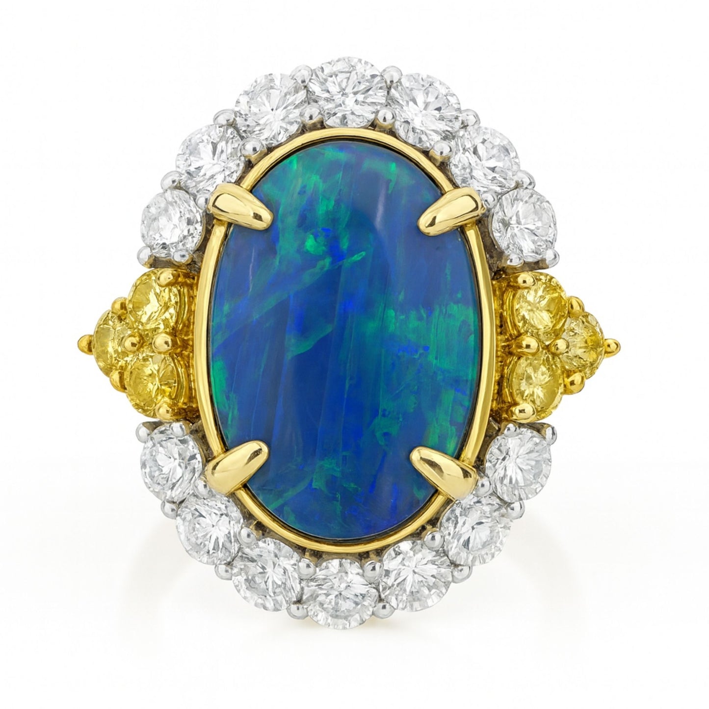 18K 4.05ct Oval Black Opal 1.44cttw VS Yellow & White Diamonds Ring