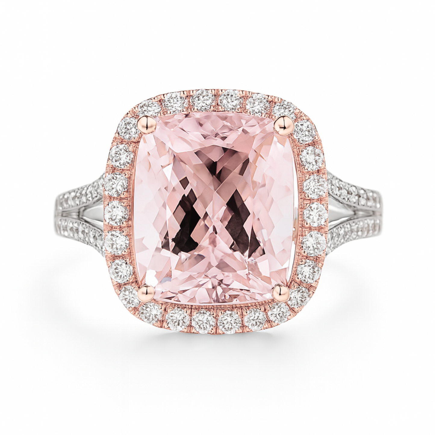 18K 4.52ct Cushion Pink Morganite 0.87cttw White Diamonds Ring