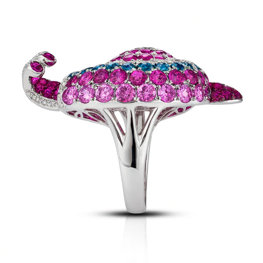 18K 6.90cttw Multi-Color Sapphire, Ruby, and White Diamonds Snail Ring