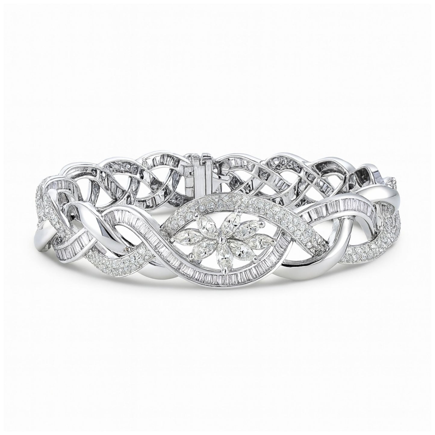 18K 7.42cttw Baguette, Round, and Marquise White Diamond Bracelet